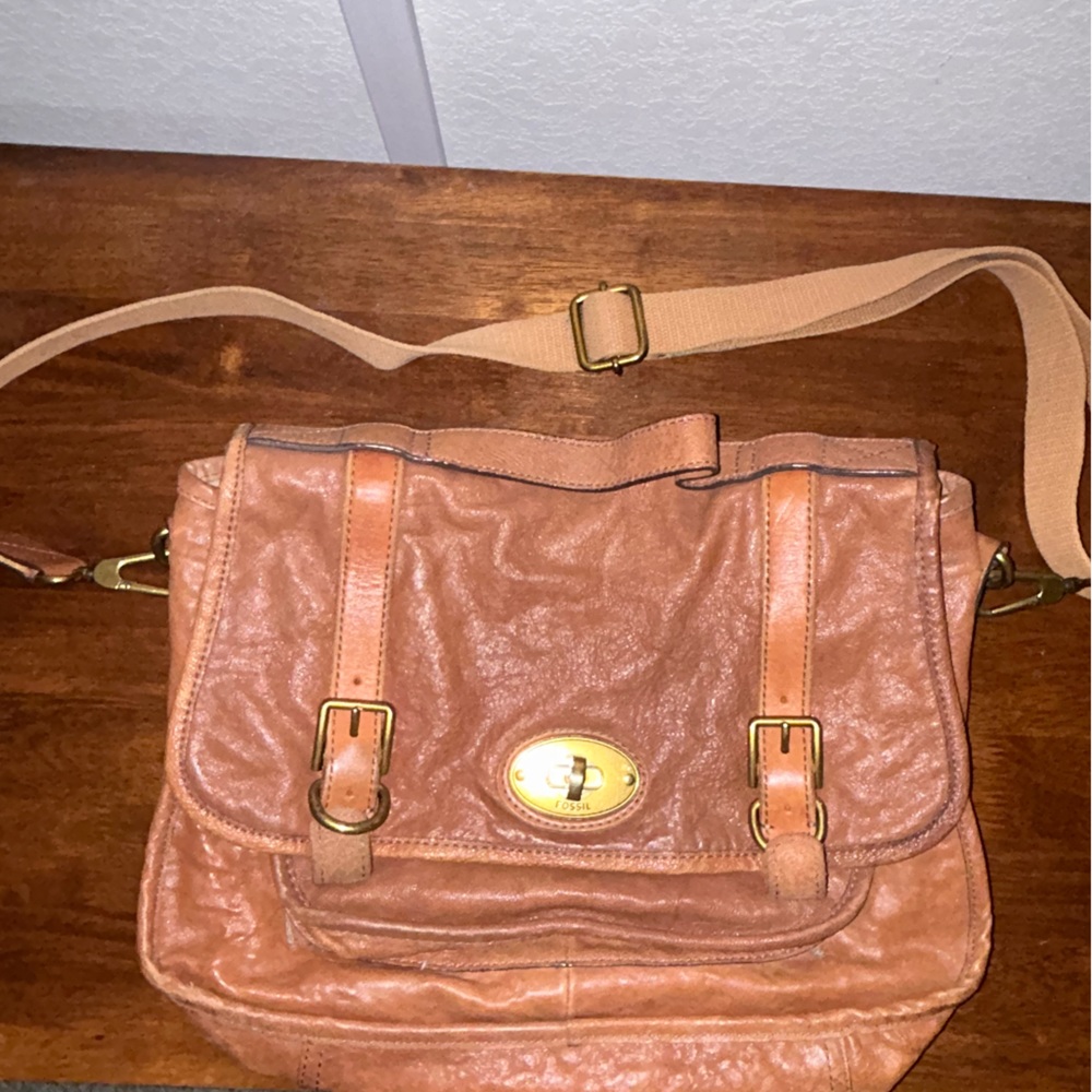 Vintage Fossil Brown Leather Messenger Computer Bag w/ Buckles Flap Key